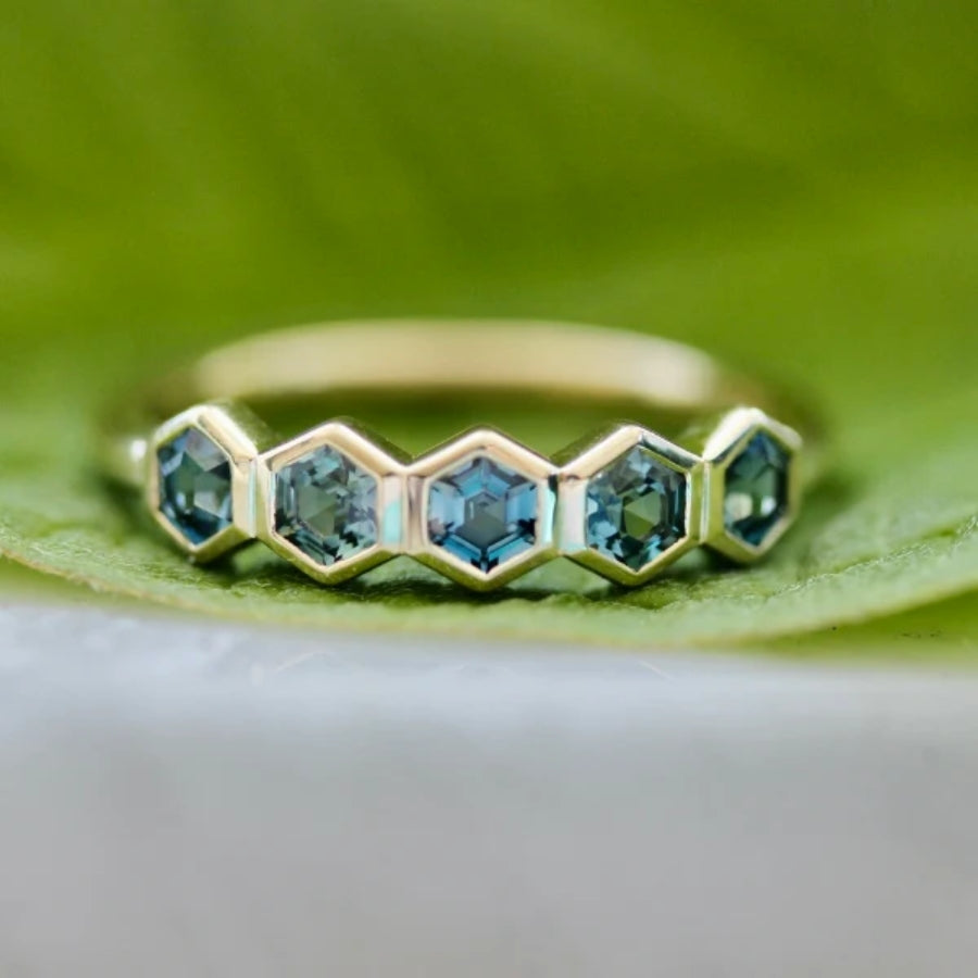 Firefly Teal Hexagon Cut Sapphire Ring