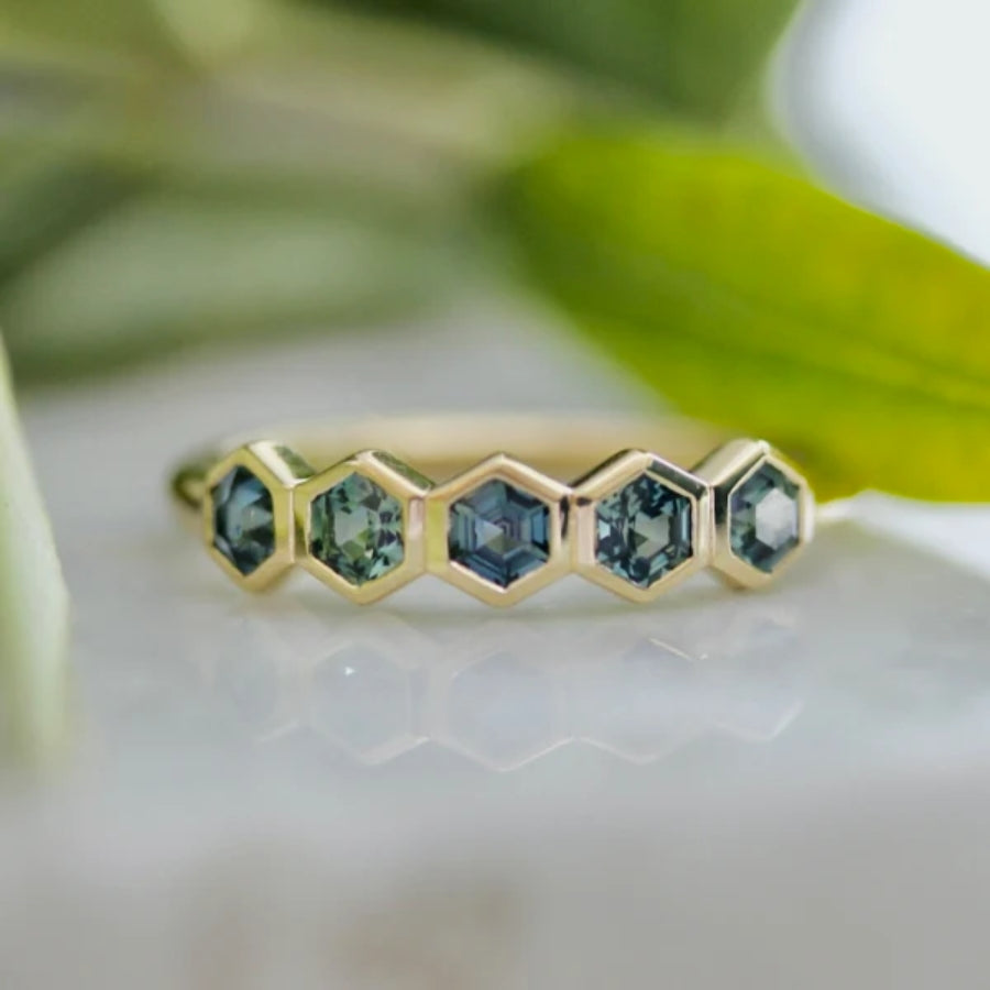 Firefly Teal Hexagon Cut Sapphire Ring