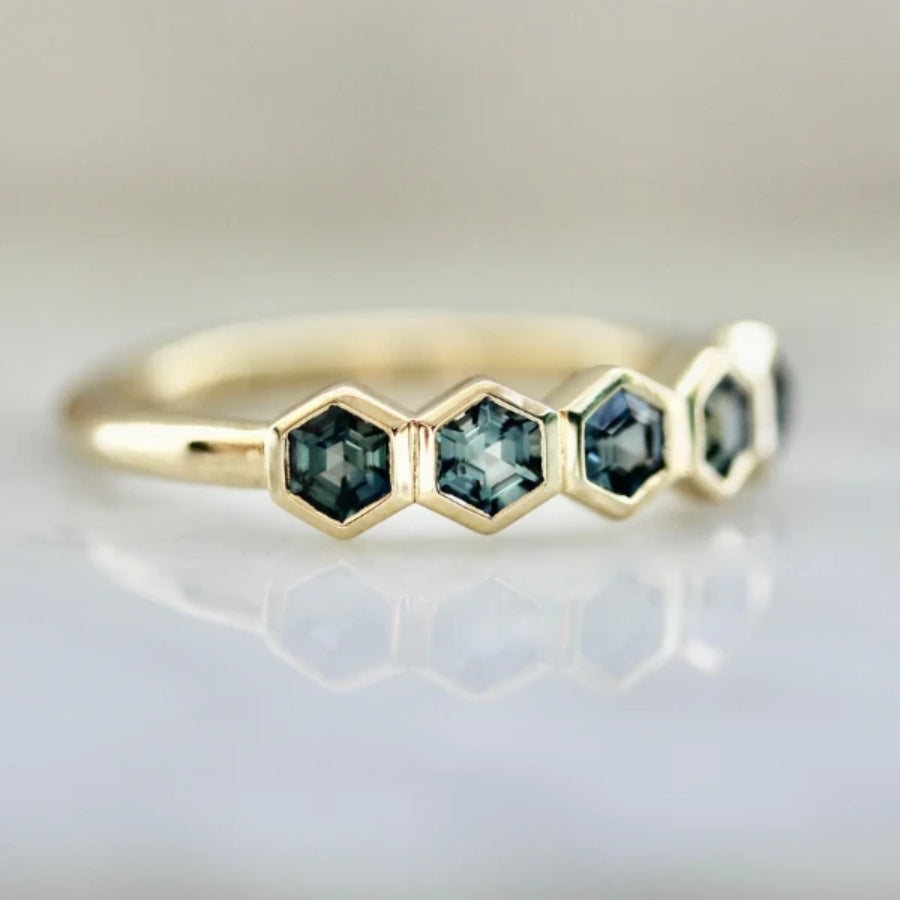 Firefly Teal Hexagon Cut Sapphire Ring