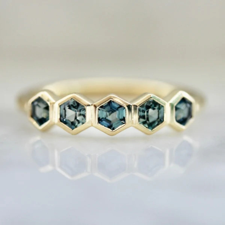 Firefly Teal Hexagon Cut Sapphire Ring