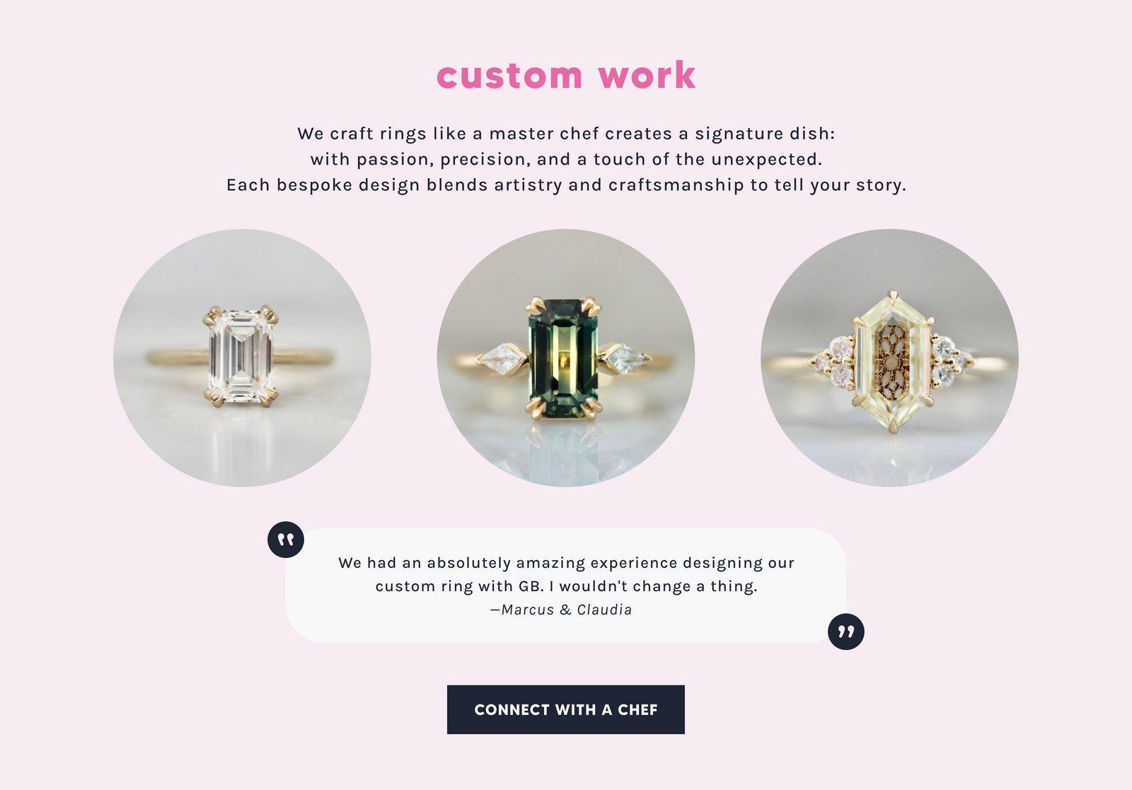 Three diamond rings displayed on a pink background with text about custom ring design.