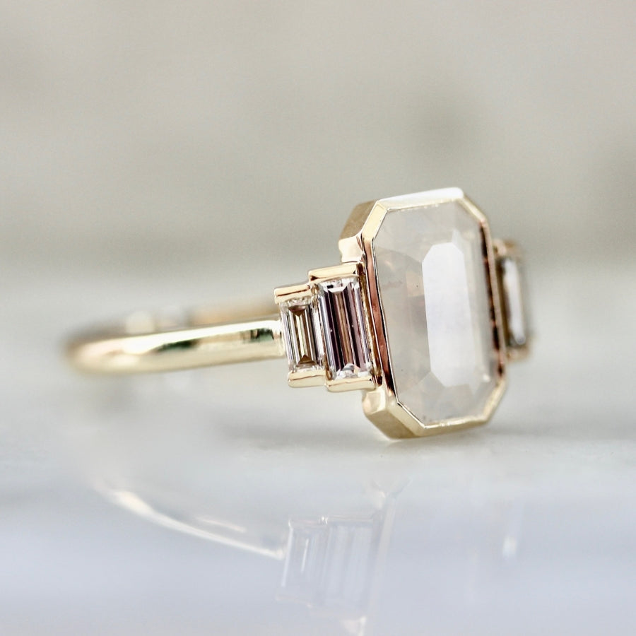 Ghost White Emerald Cut Opalescent Sapphire Ring