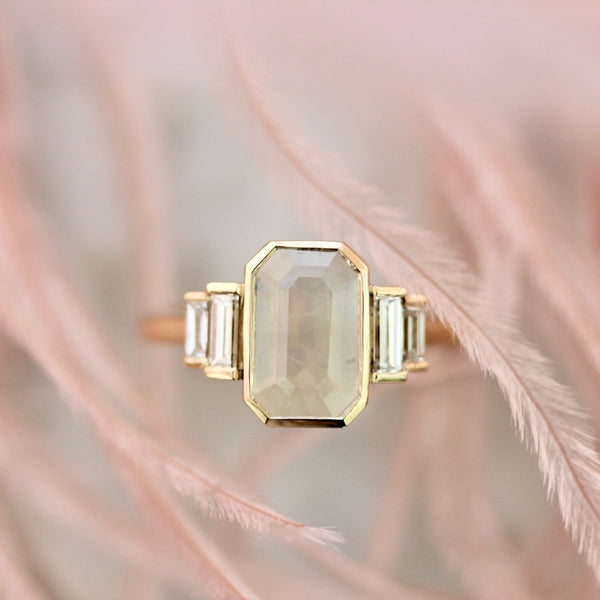 Ghost White Emerald Cut Opalescent Sapphire Ring