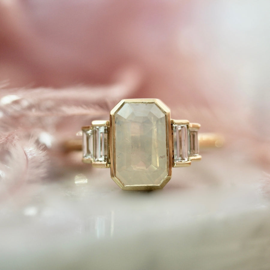 Ghost White Emerald Cut Opalescent Sapphire Ring