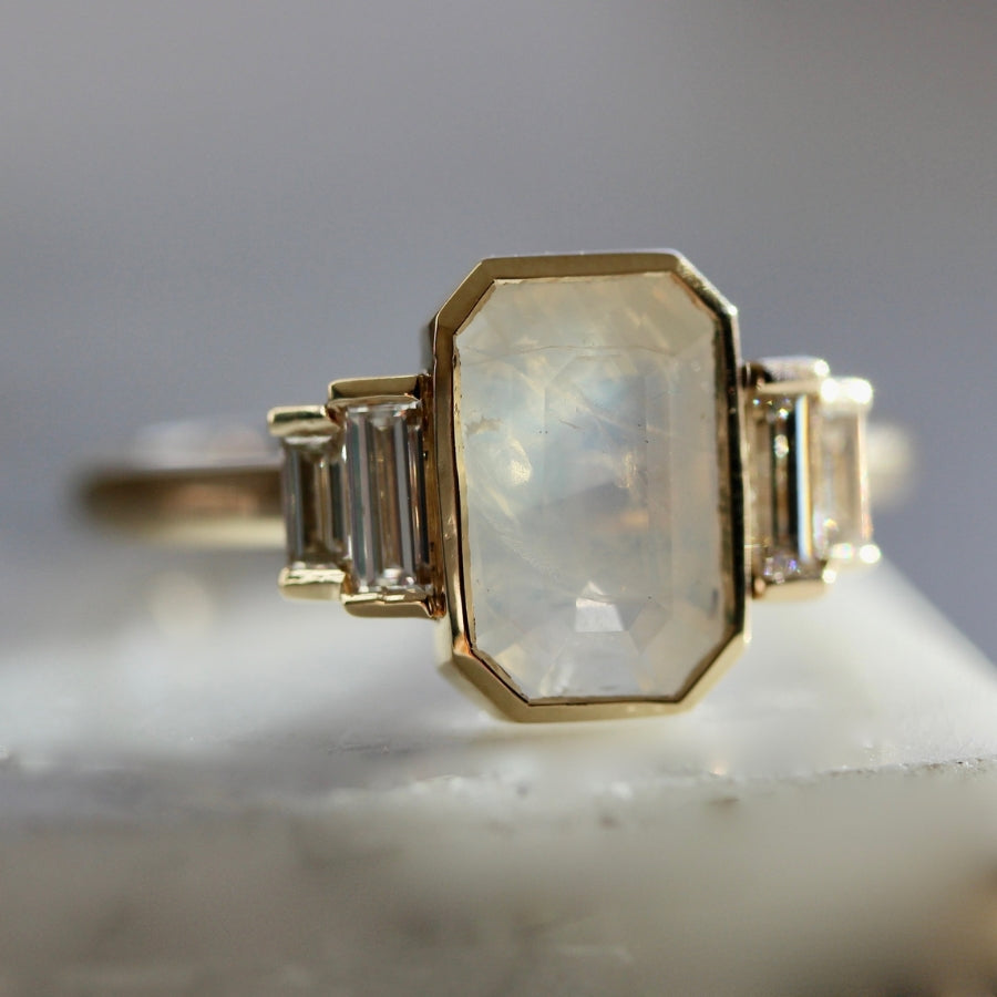 Ghost White Emerald Cut Opalescent Sapphire Ring