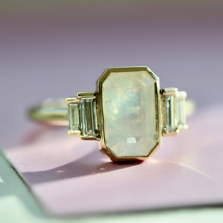Ghost White Emerald Cut Opalescent Sapphire Ring