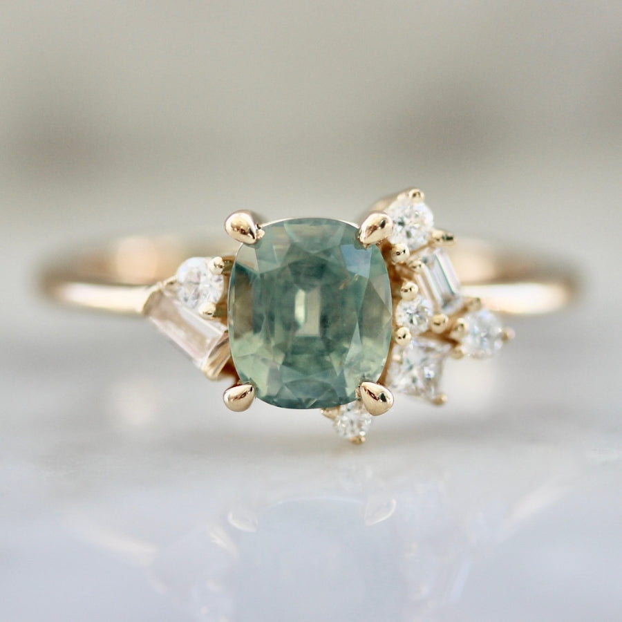 Gimlet Green Cushion Cut Montana Sapphire Ring