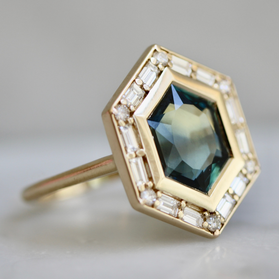 Green-Yellow Hexagon Cut Sapphire Ring