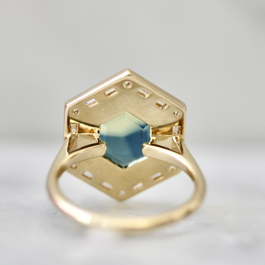 Green-Yellow Hexagon Cut Sapphire Ring