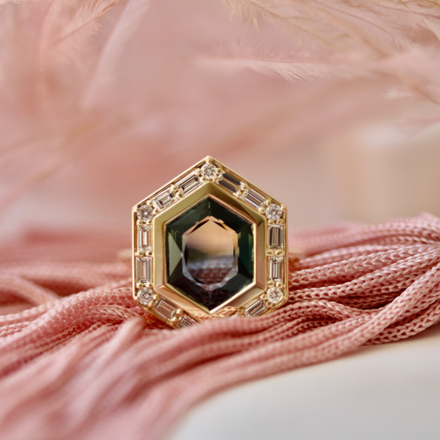 
            Green-Yellow Hexagon Cut Sapphire Ring