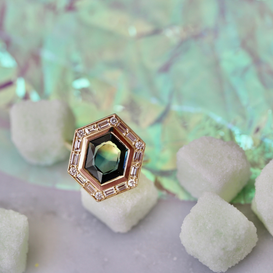 
            Green-Yellow Hexagon Cut Sapphire Ring