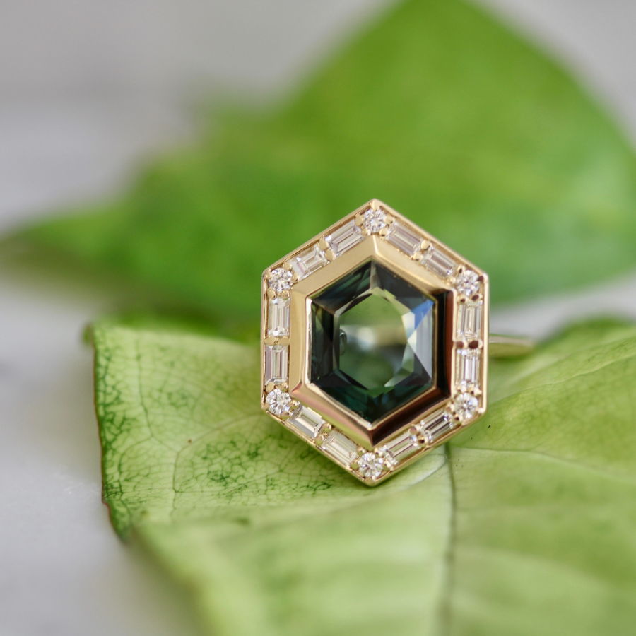 
            Green-Yellow Hexagon Cut Sapphire Ring