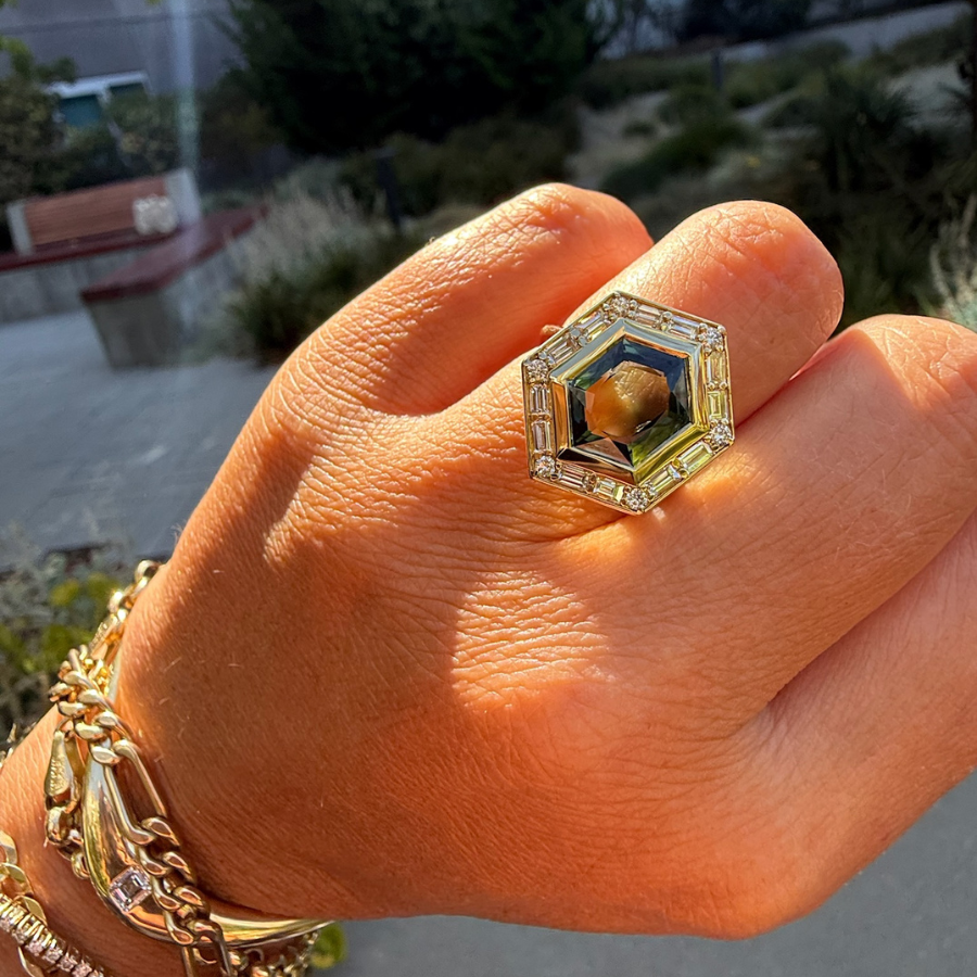 
            Green-Yellow Hexagon Cut Sapphire Ring