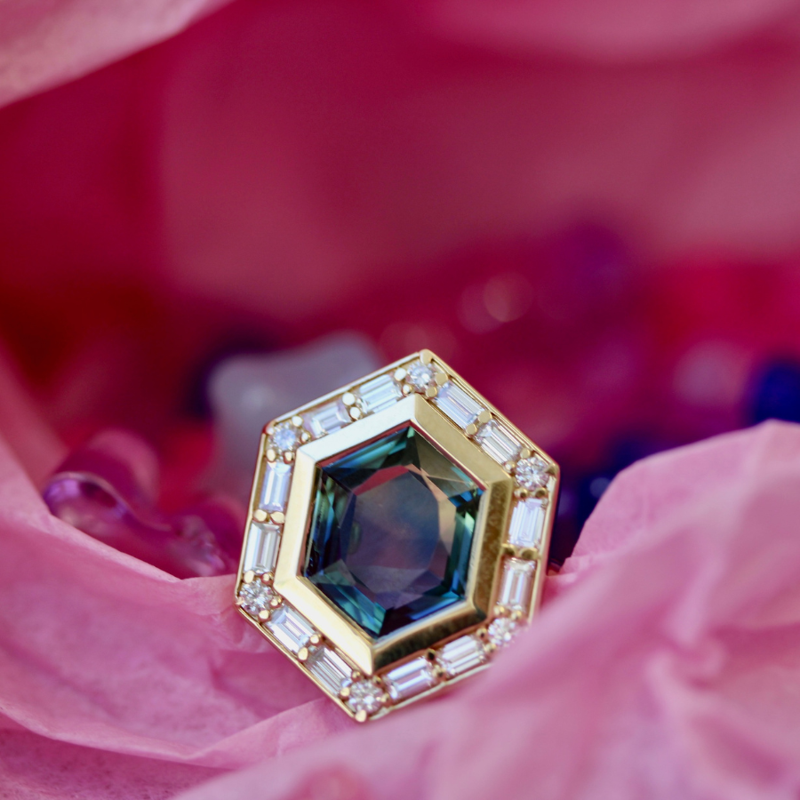 Green-Yellow Hexagon Cut Sapphire Ring
