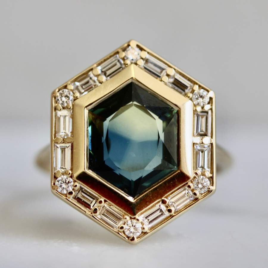 
            Green-Yellow Hexagon Cut Sapphire Ring