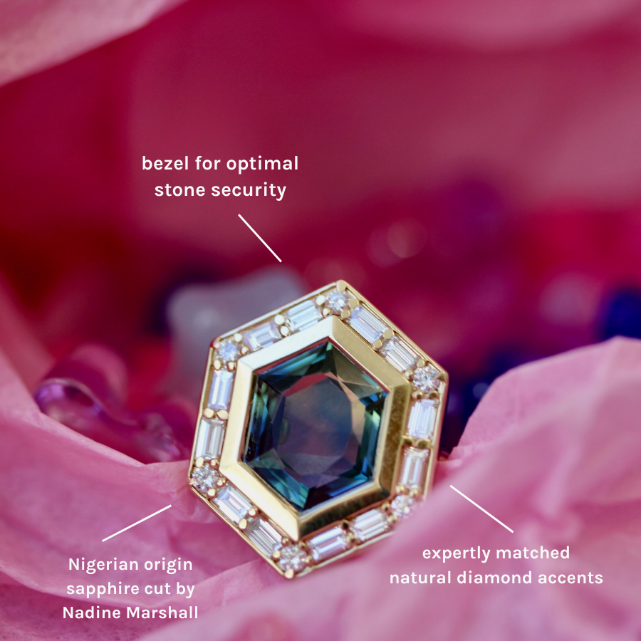 
            Green-Yellow Hexagon Cut Sapphire Ring