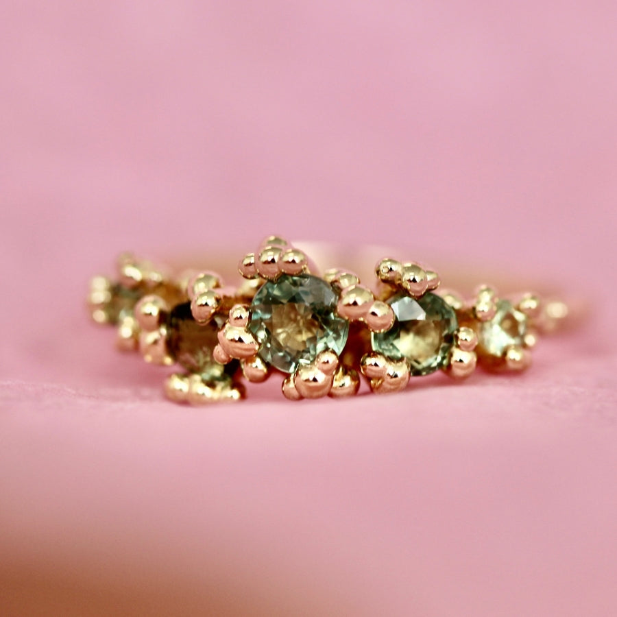 Green Round Cut Sapphire Cluster Ring