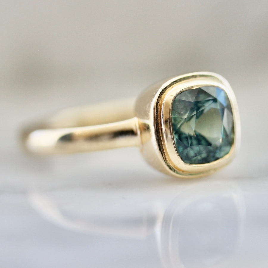 
            Green Teal Cushion Cut Sapphire Ring