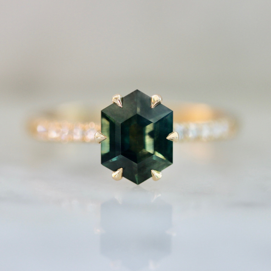5640 Green Hexagon Cut Sapphire Engagement Ring 