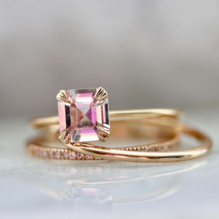 1553 Asscher Cut Peach Sapphire Ring in 18k Peach Gold with matching wedding band Gem Breakfast Custom