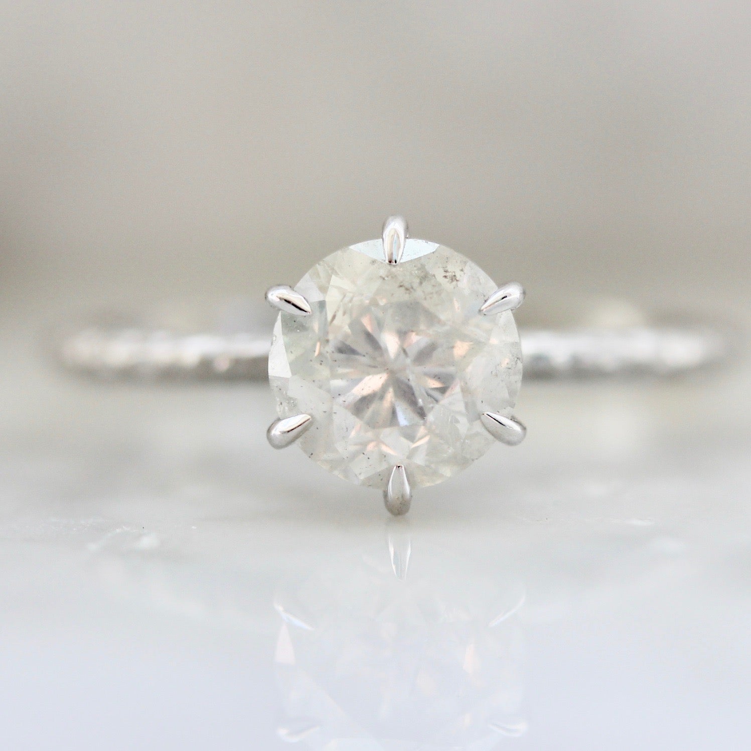 1609 Six Prong Setting for Icey Salt & Pepper Diamond with hand hammered band Gem Breakfast Custom