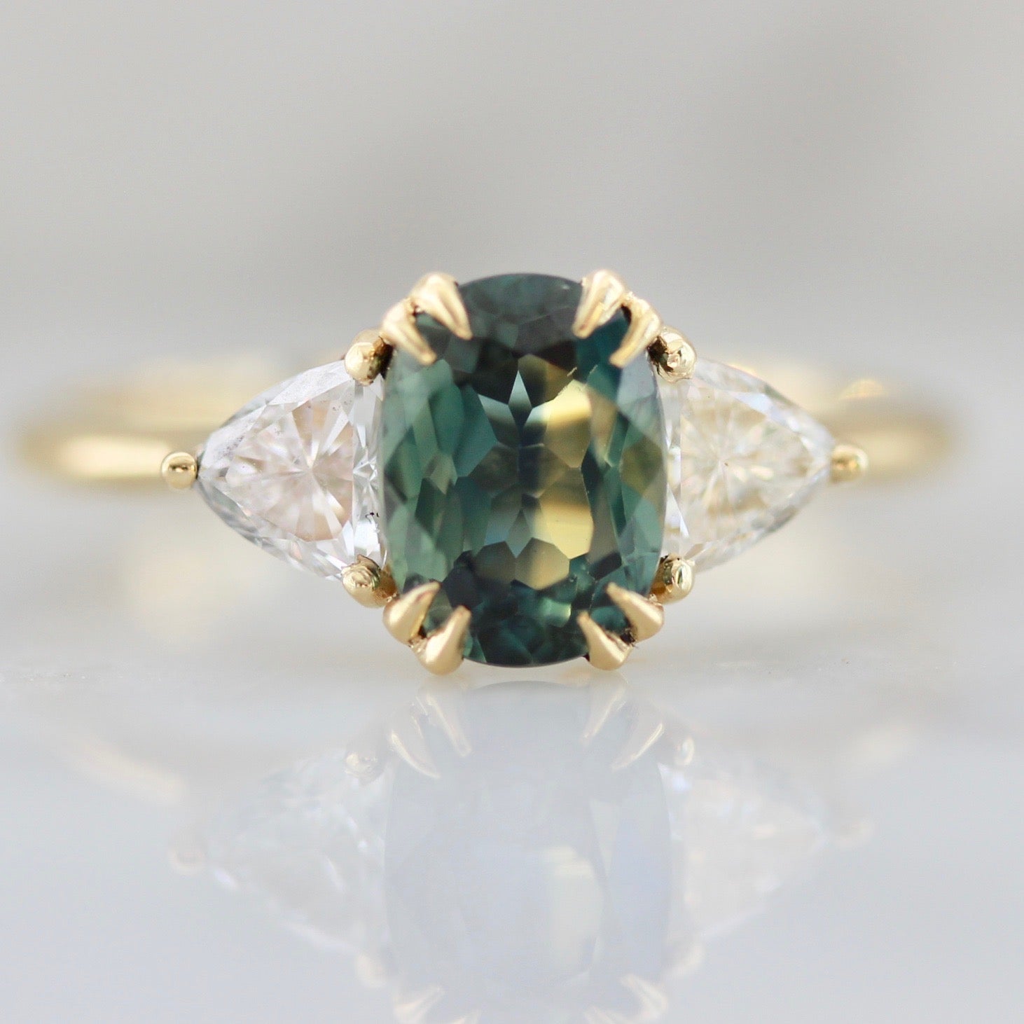Gem Breakfast Green Cushion Cut Sapphire with Trillion Cut Side Diamonds in 18k Yellow Gold 2866 Arden Style