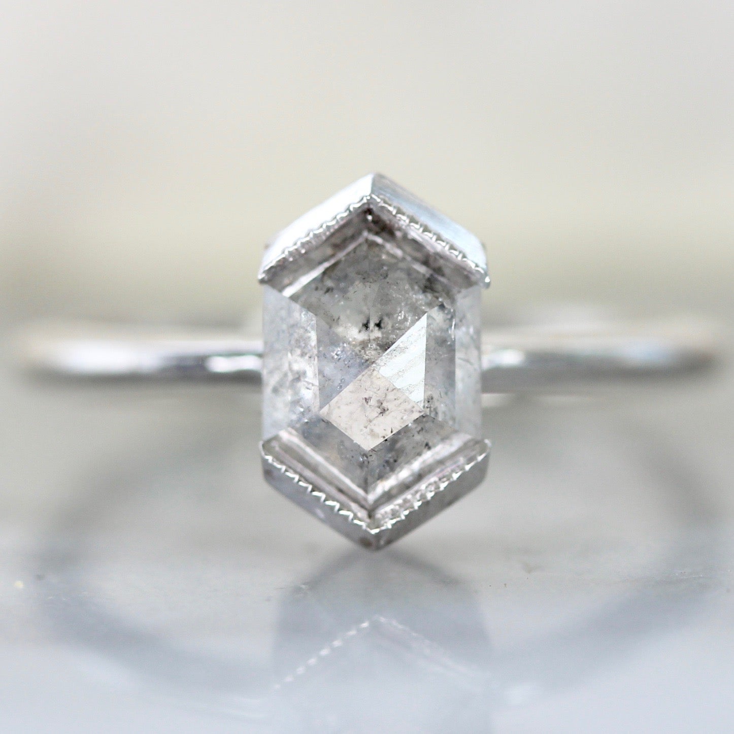 1579 Grey Diamond Hexagon Cut Ring in 18k White Gold Setting with Milgrain Detail Gem Breakfast Custom