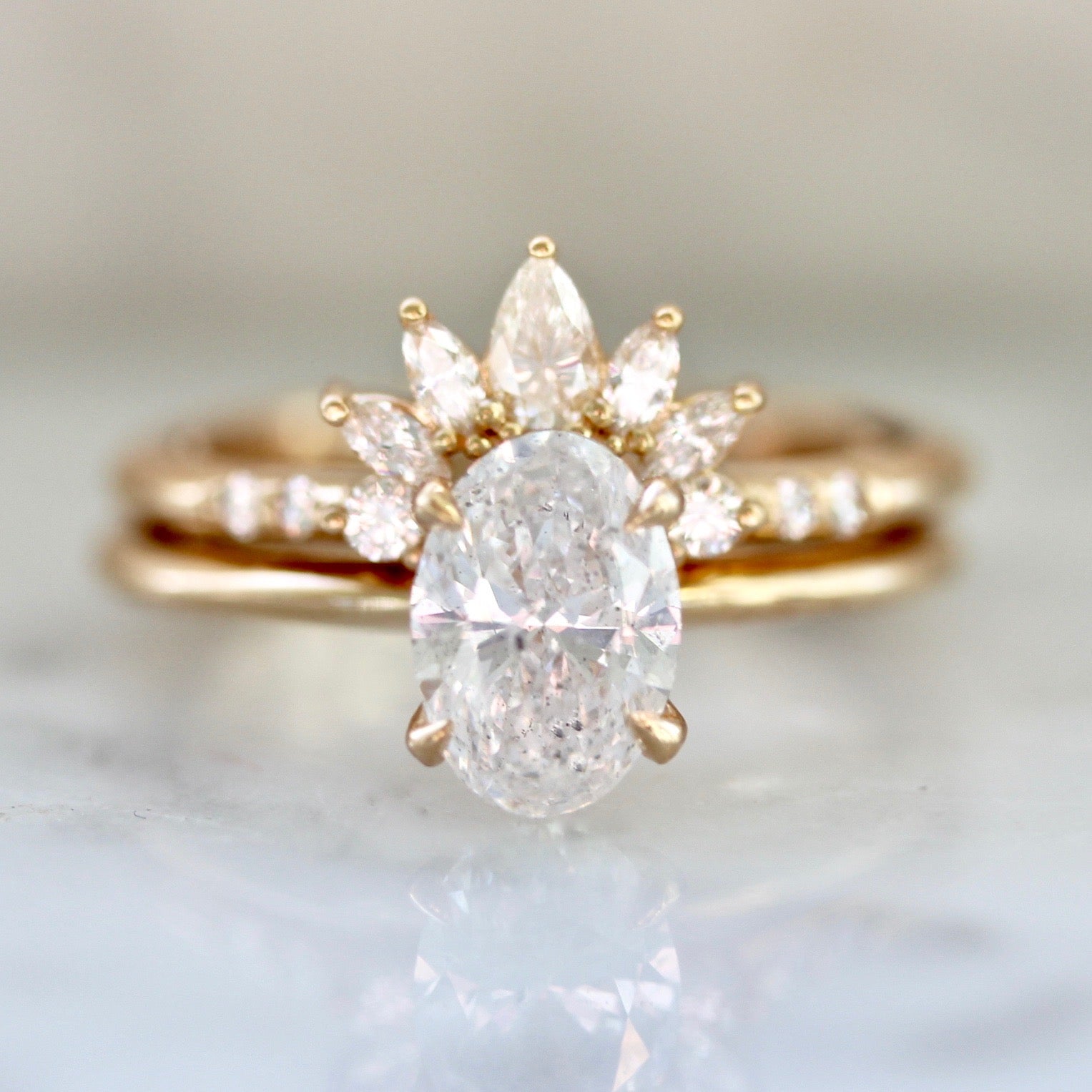 Oval Cut Diamond Ring 18k Peach Gold Solitaire Setting with Diamond Tiara Band 1646