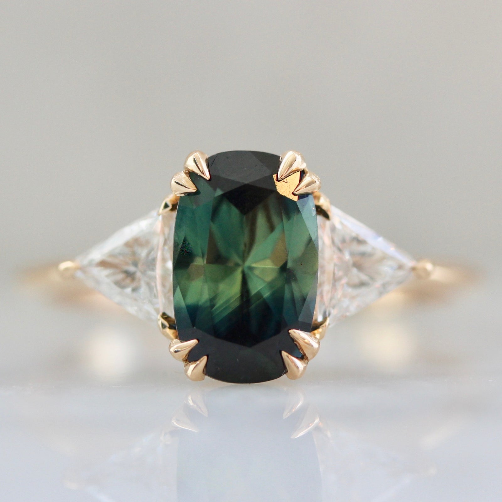 Gem Breakfast Custom Arden Cushion Sapphire Engagement Ring With Trillion Cut Sides 3295