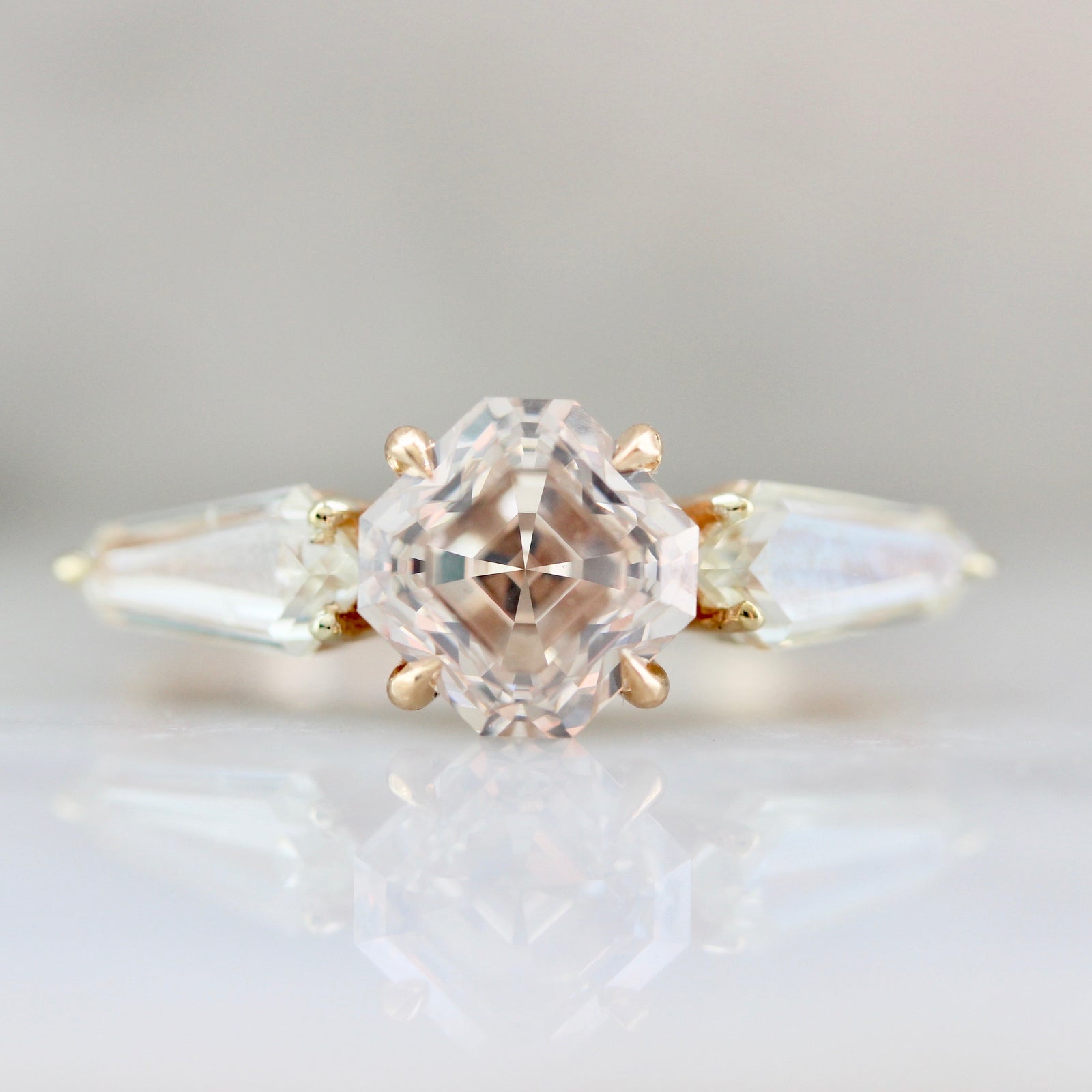 Gem Breakfast Asscher Cut Engagement Ring In 18k Peach Gold With Kite Cut Side Diamonds
