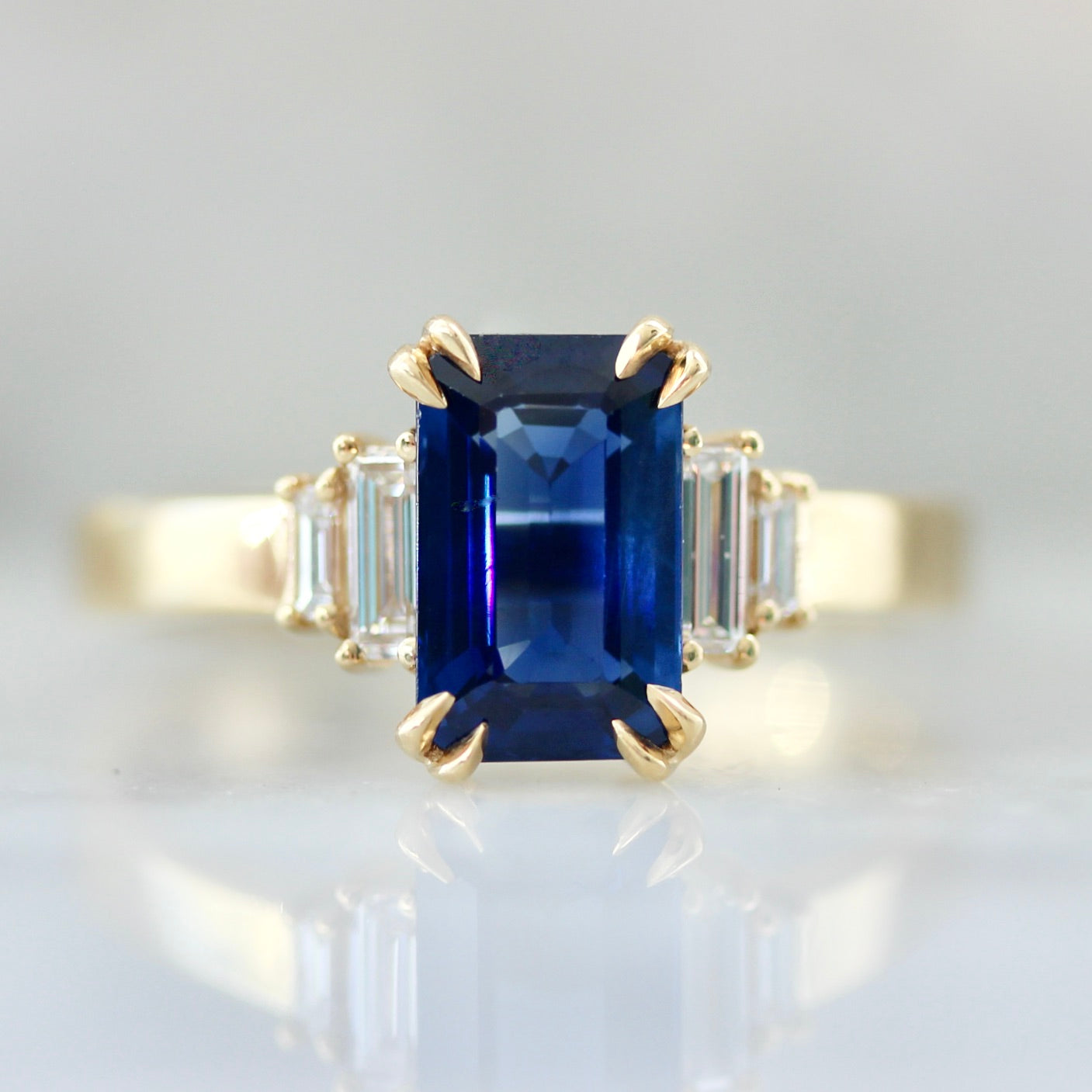 3151 - Emerald Cut Blue Sapphire Art Deco Ring in Yellow Gold