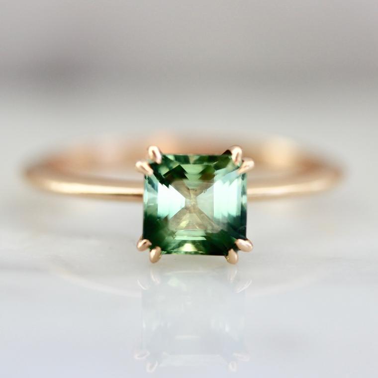 Asscher Cut Green Tourmaline Ring 18k Peach Gold Gem Breakfast Custom 1680