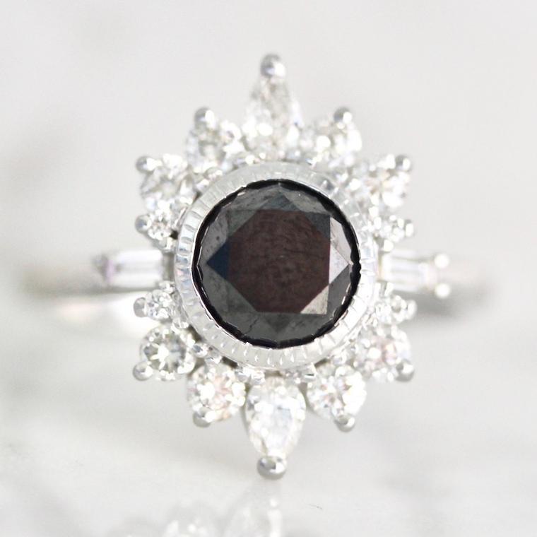 Black Diamond Halo Ring in 18k White Gold Gem Breakfast Custom