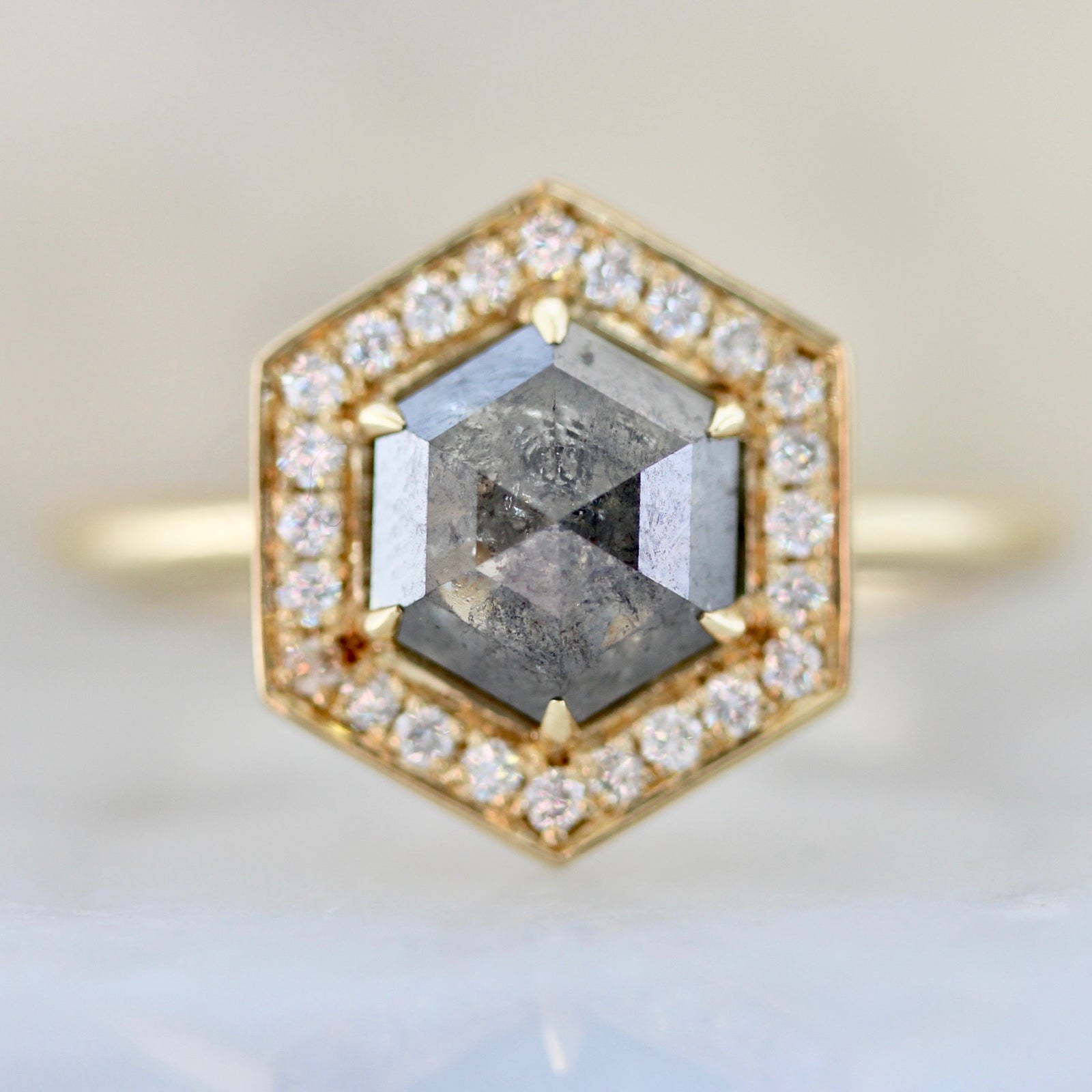 1910 Rose Cut Black Diamond Hexagon Ring with Diamond Pave Halo in 18k Yellow Gold - Gem Breakfast Custom Ring