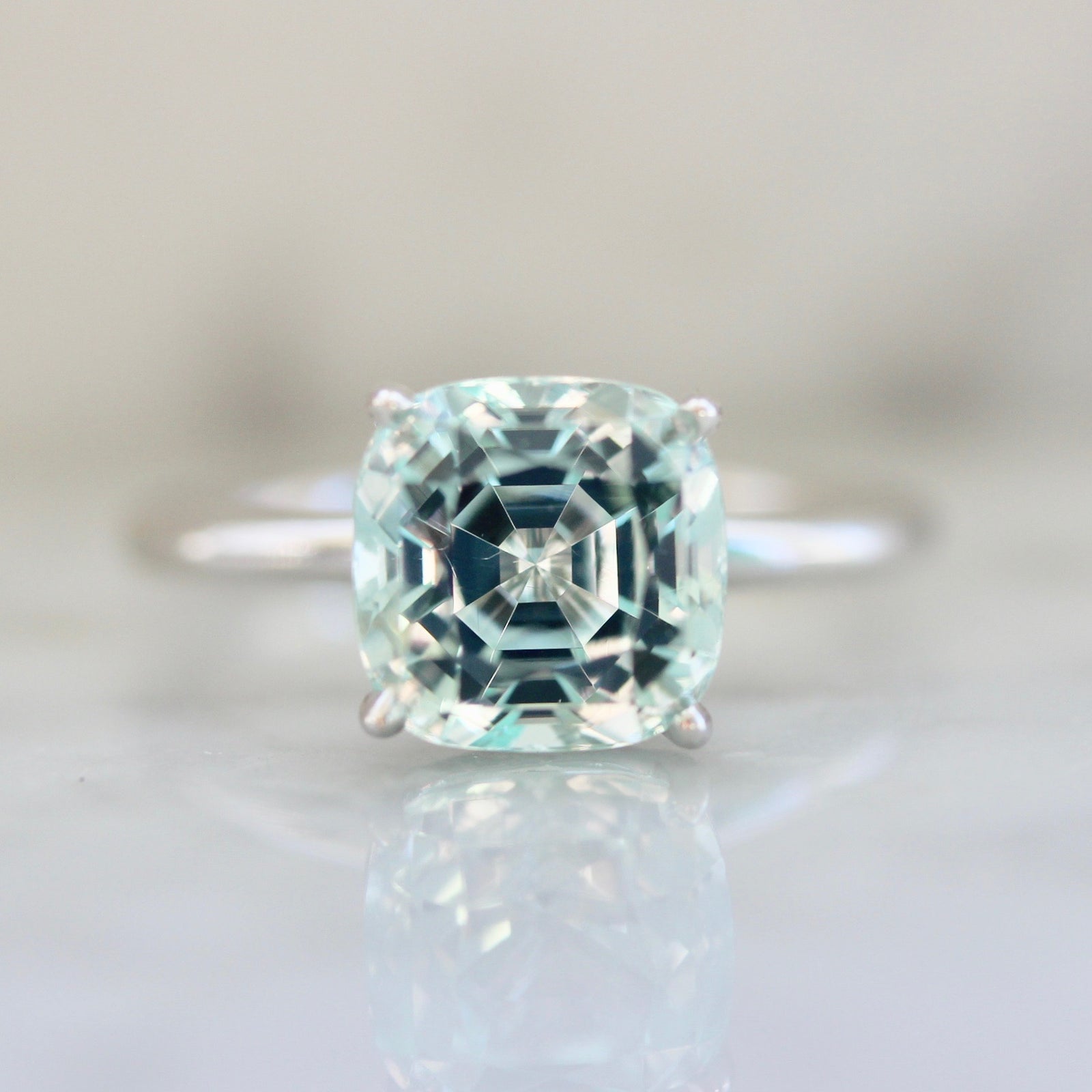 1967 Blue Lagoon Cushion Cut Tourmaline Ring 18k White Gold Setting Gem Breakfast Custom