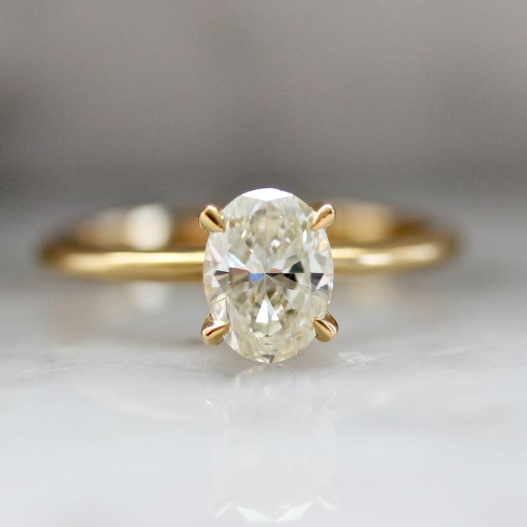 Champagne Oval Cut Diamond Ring 18k Yellow Gold in Stella Solitaire Setting