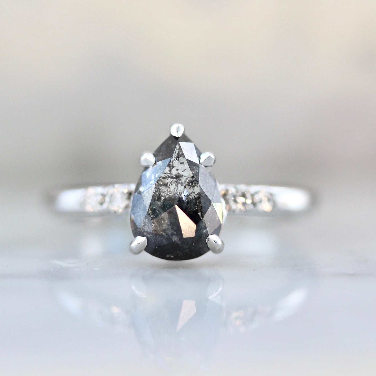 3486 Salt & Pepper Pear Shaped Rose Cut Diamond Ring in White Gold with Melee Sides 