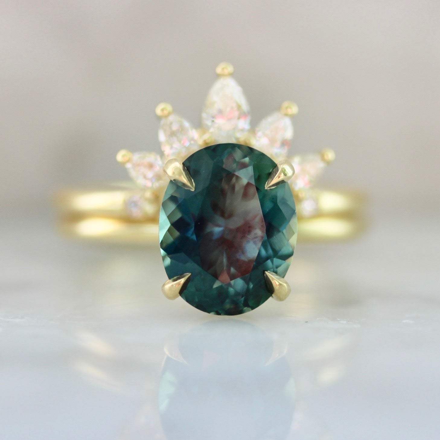 Four Prong Oval Cut Sapphire Engagement Ring with Diamond Tiara in 18k Yellow Gold - Gem Breakfast Custom 2003