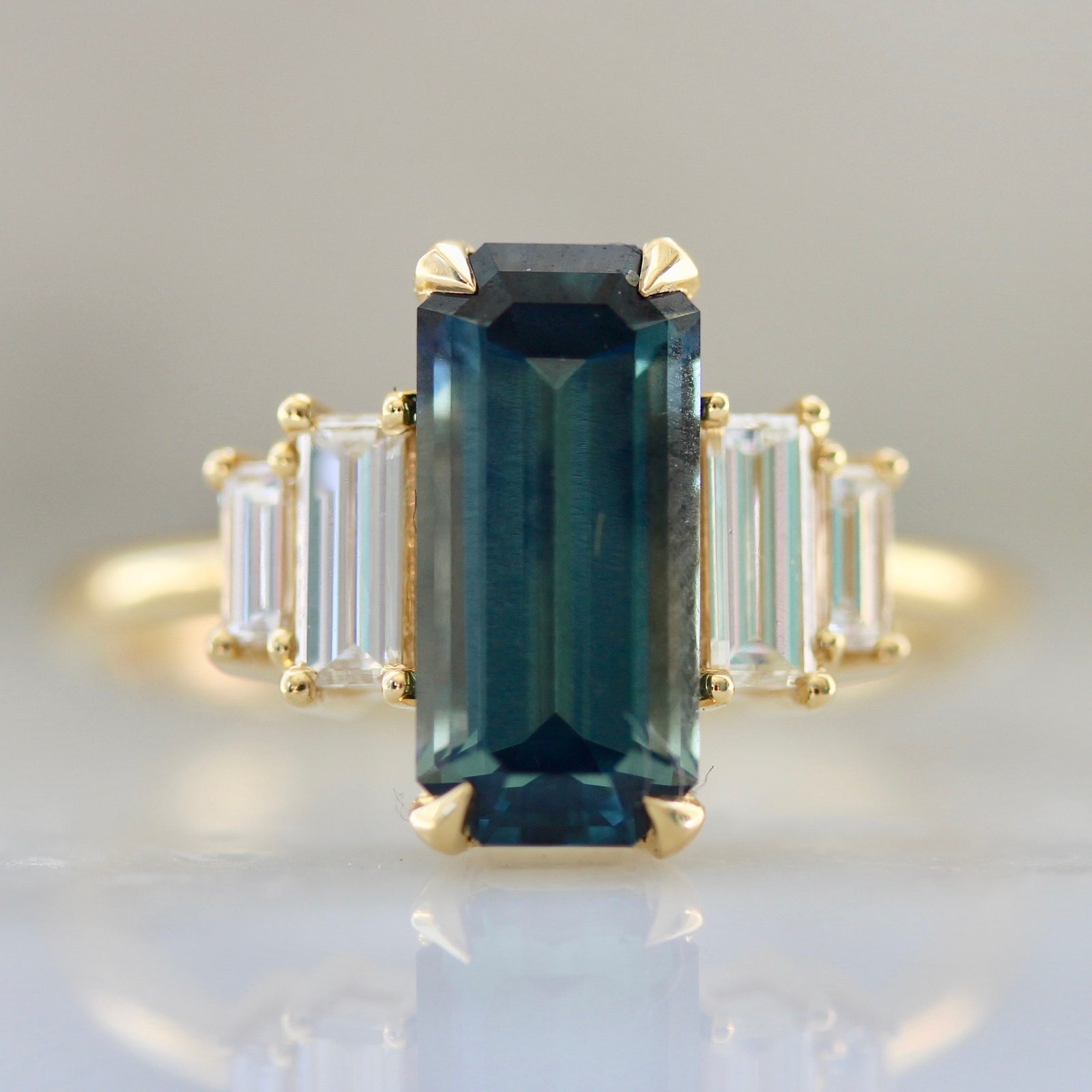 Super Elongated Green Sapphire With Double Baguette Setting & Tab Prongs in 18k Yellow Gold 1945