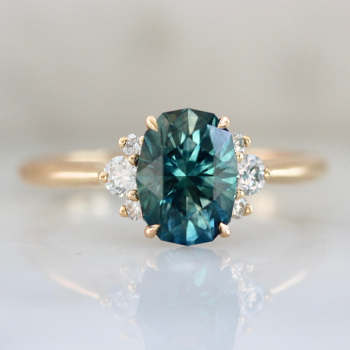 3715 Teal Green Sapphire Mirella Ring with White Diamond Sides in 18k Peach Gold 