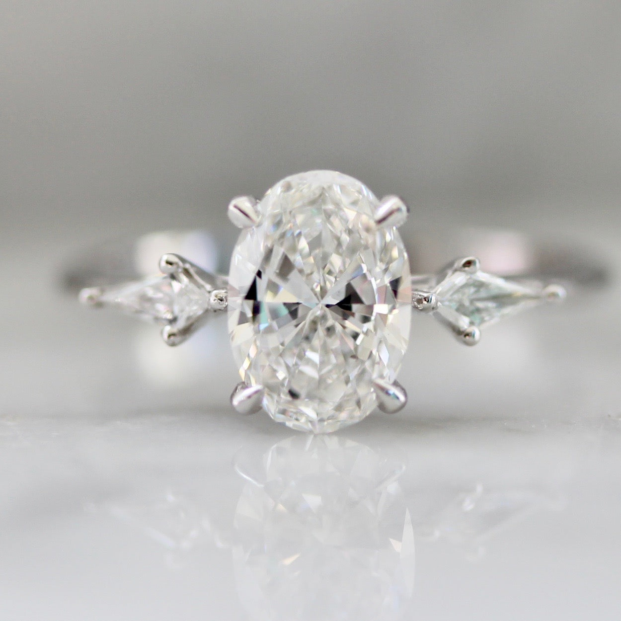 Gem Breakfast Oval Cut Diamond Ring with Kite Diamond Sides in 18k White Gold 2053