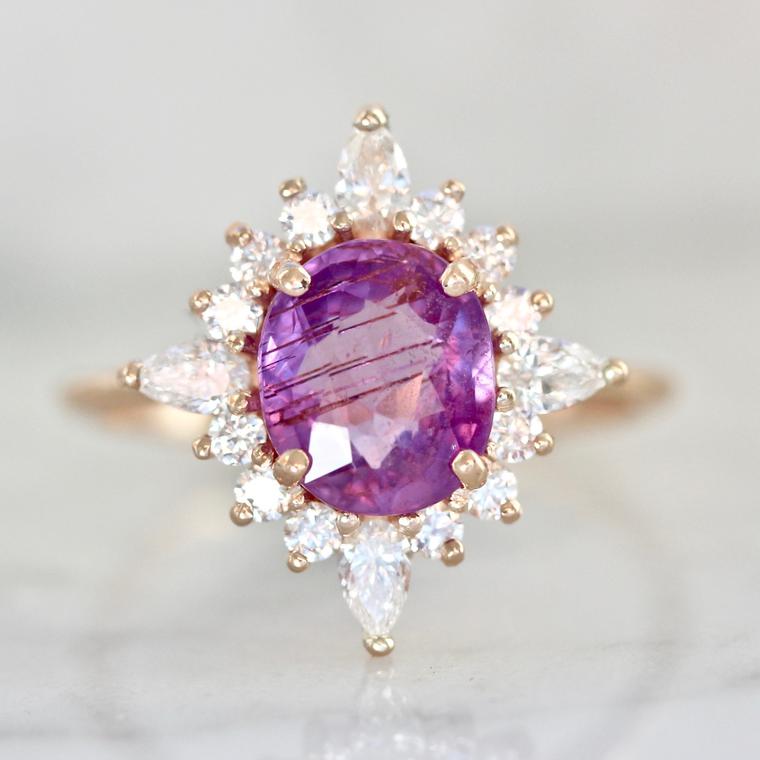 1370 Stunning hot pink sapphire and Diamond Halo ring in 18k Peach Gold