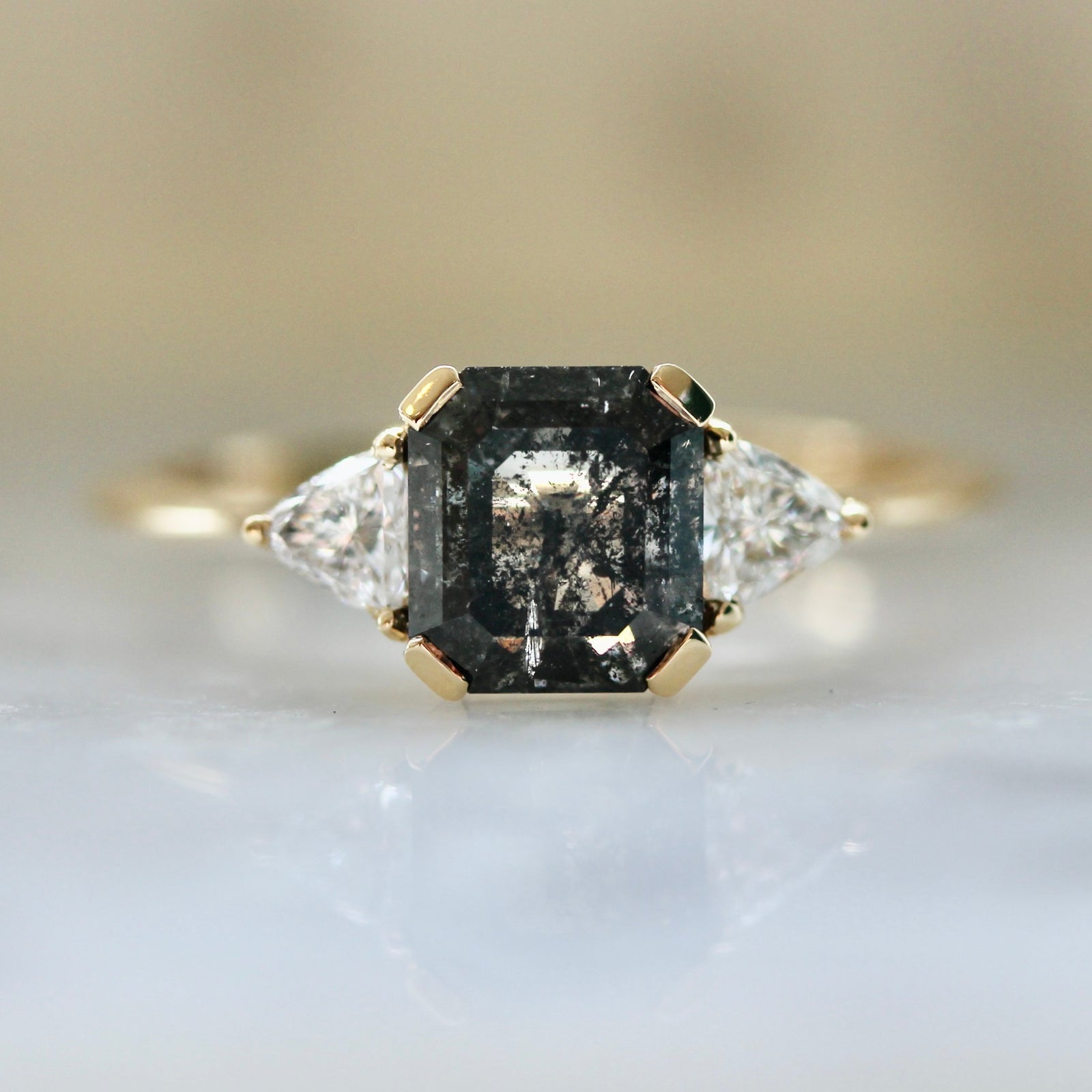 3900 Rose Cut Salt & Pepper Diamond with Block Prongs and trillion cut side stones