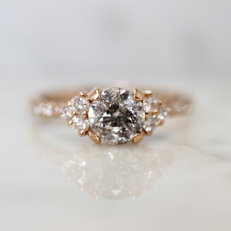 1288 Salt and Pepper Diamond Ring with Coco Cluster Setting and Diamond Pave Band in 18k Rose Gold Setting Gem Breakfast Custom Ring