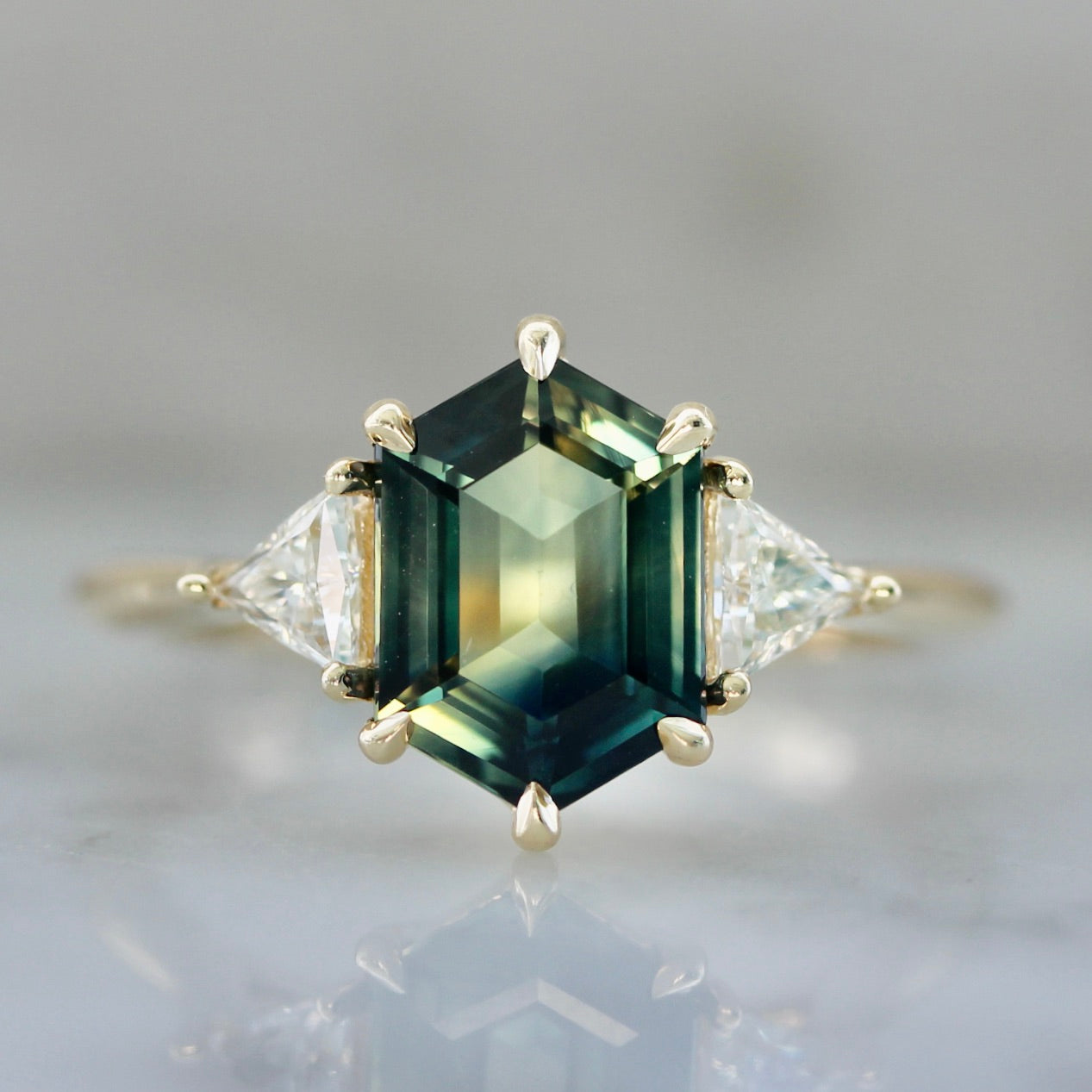 3940 - Green Hexagon Cut Sapphire with Trillion Cut Side Diamonds