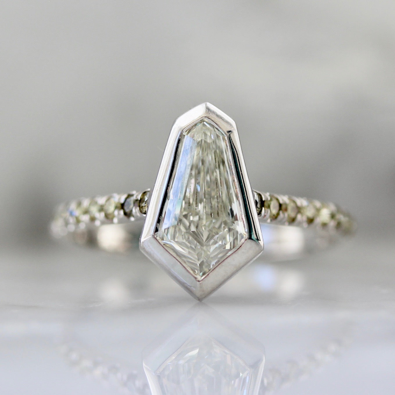 Kite Diamond Ring with Olive Green Diamond Pave in Palladium White Gold - Gem Breakfast Custom Ring 2034