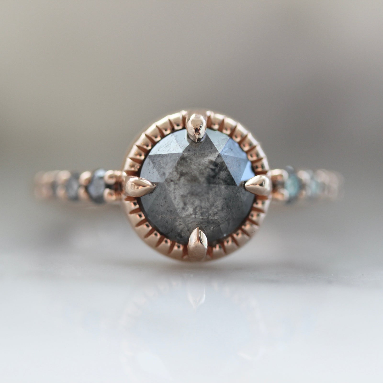 4006 - Round Grey Rose Cut Ring with Compass Prongs and Salt & Pepper Melee