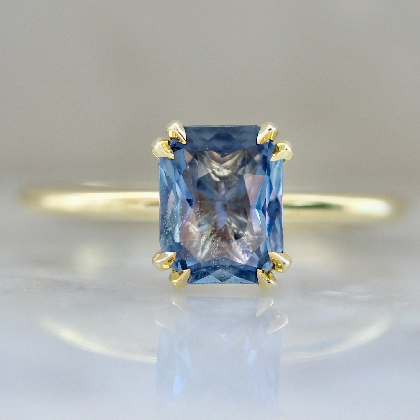 4157 Blue Radiant Cut Sapphire with Double Claw Prongs in Yellow Gold Setting