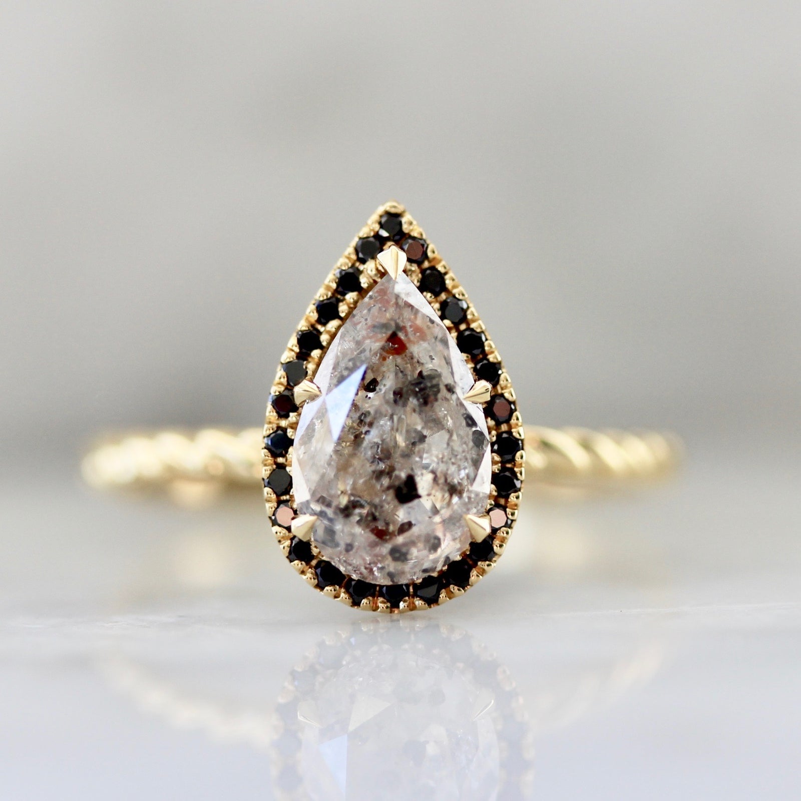 Beautiful Salt & Pepper Diamond Pear Cut Ring with Black Diamond Pave Halo in 18k Yellow and hand done rope textured band - Gem Breakfast Custom Ring 2209