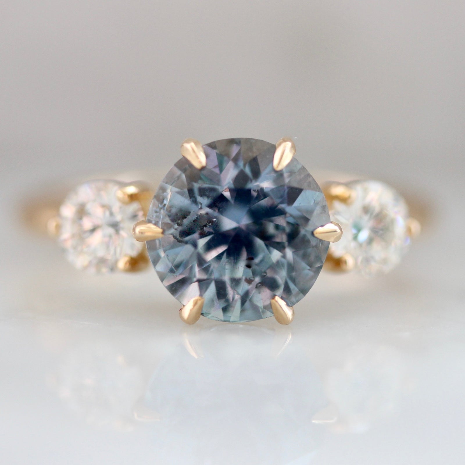 2212 Blue Sapphire Three Stone Diamond Ring in 18k Peach Gold